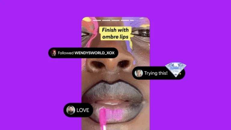 Pano de fundo brilhante e colorido com um Pin de uma mulher negra experimentando batom rosa, com reações de seguidores e sobreposição do texto "Finalize com batom de efeito ombré"