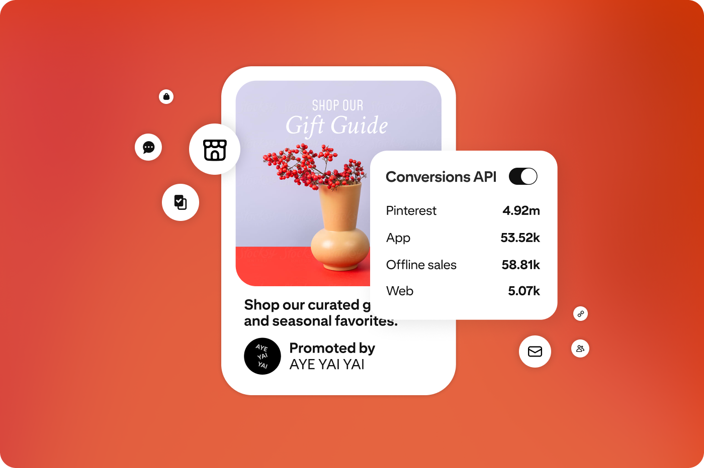 A Pinterest ad shows an image of red berries in a vase. To the right of the image is a fictitious dashboard for the Conversions API and metrics for app, offline sales, web, and Pinterest.