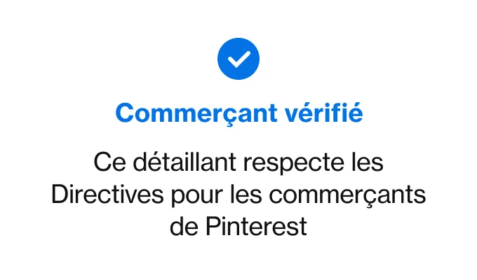 Exemple de badge du programme de commerçants vérifiés avec la coche bleue et l'indication « Ce commerçant respecte les directives pour les commerçants de Pinterest »