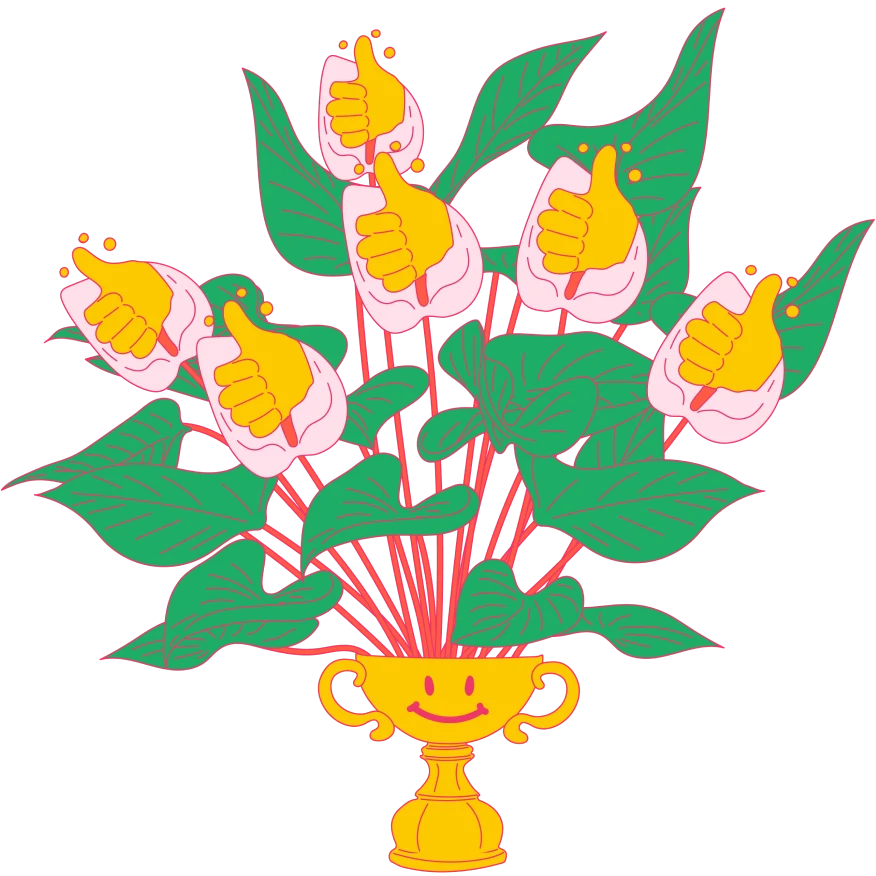 Illustratie van een plant met roze bloemen waaruit duimpjes omhoog groeien tussen groene bladeren; de plant staat in een trofee met een blij gezicht.