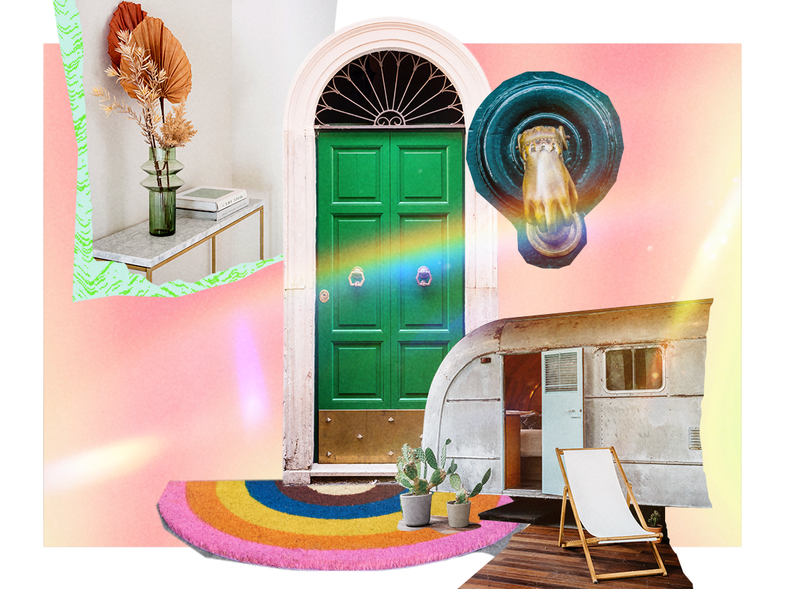 An eclectic collage featuring a bright green door surrounded  by deconstructed images of a bright rug, an entryway table and a camper van.