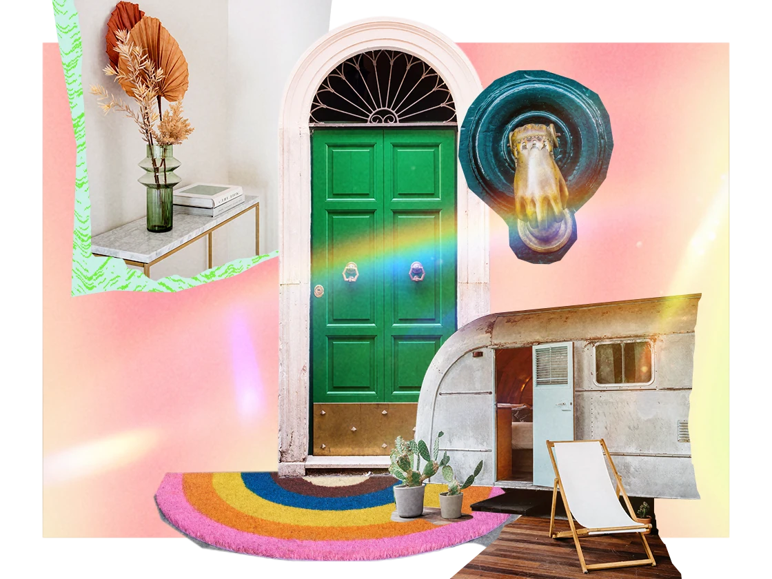 An eclectic collage featuring a bright green door surrounded  by deconstructed images of a bright rug, an entryway table and a camper van.