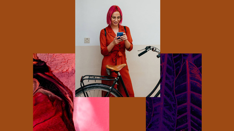 Un trío de imágenes con motivo rojo en las que se muestra a una mujer blanca con cabello rojo sosteniendo un teléfono celular frente a una bicicleta.