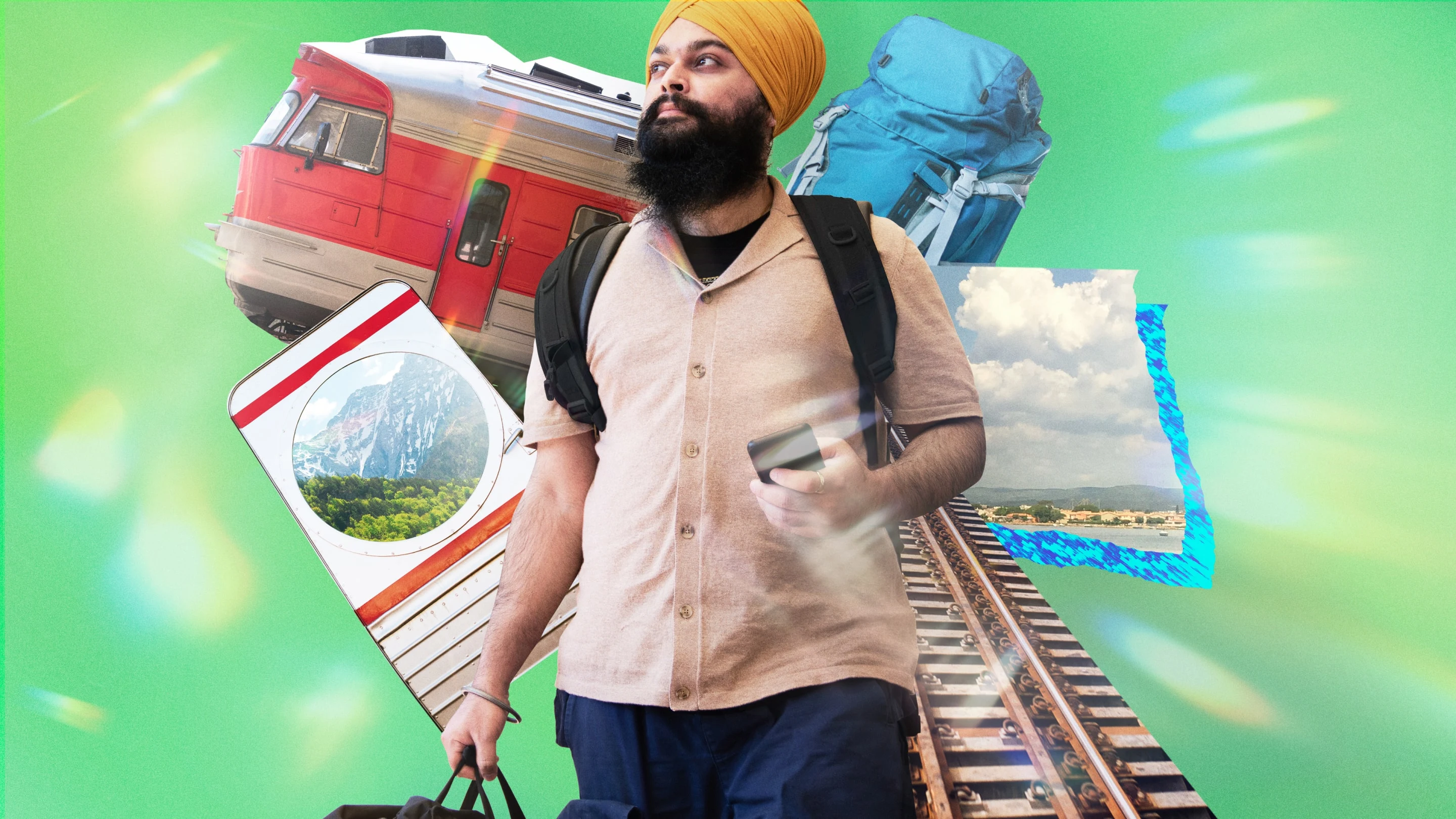 Colagem com um homem sikh usando uma mochila, cercado por trilhos de trem desconstruídos, a vista de uma janela com uma paisagem montanhosa e o vagão de um trem de passageiros.