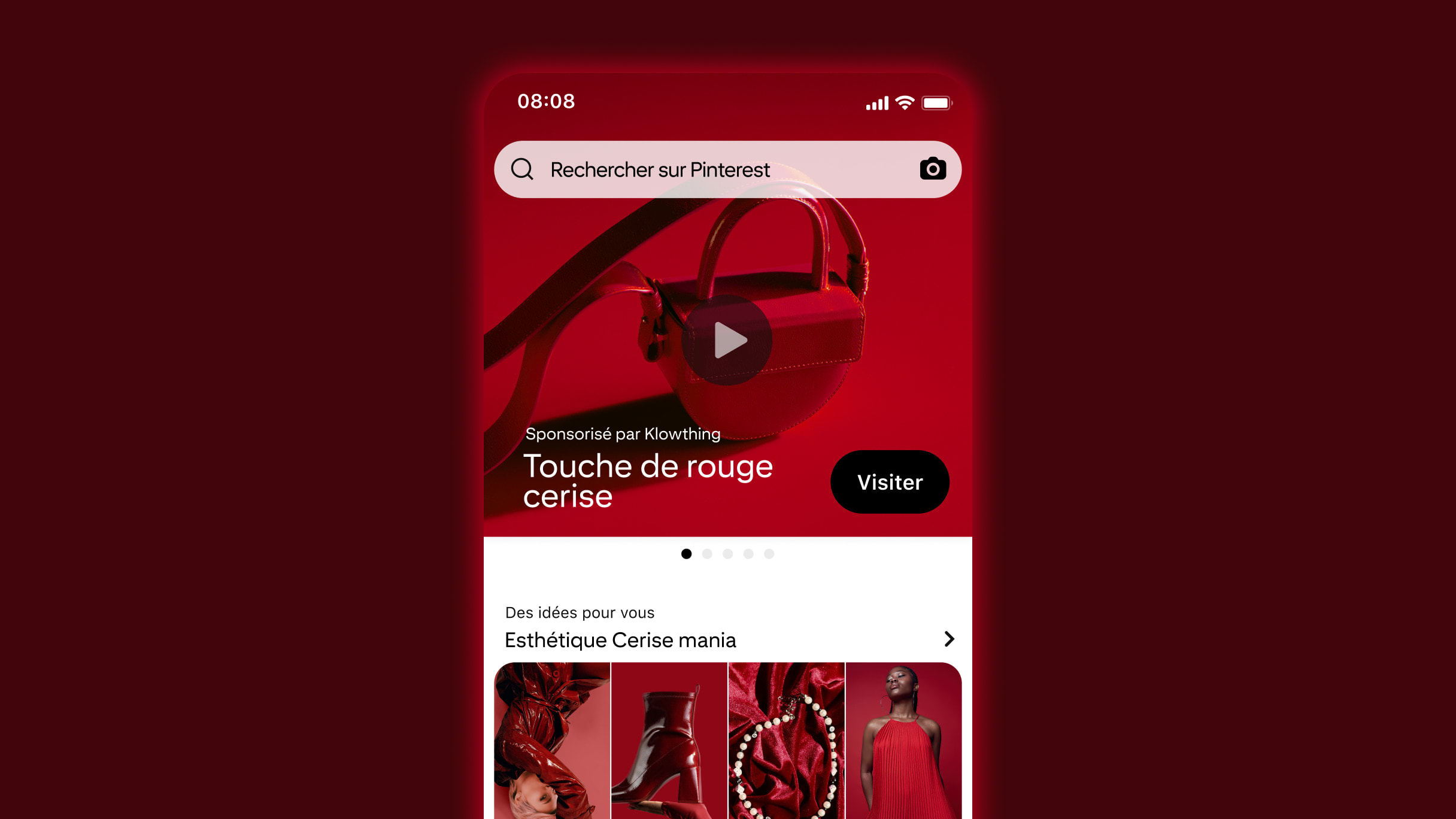 Annonce Premiere Spotlight fictive sur la page de recherche Pinterest, rouge cerise.