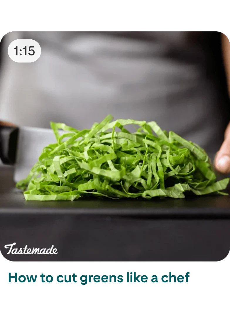 Final shot of sliced greens with descriptive copy, "How to cut greens like a chef"