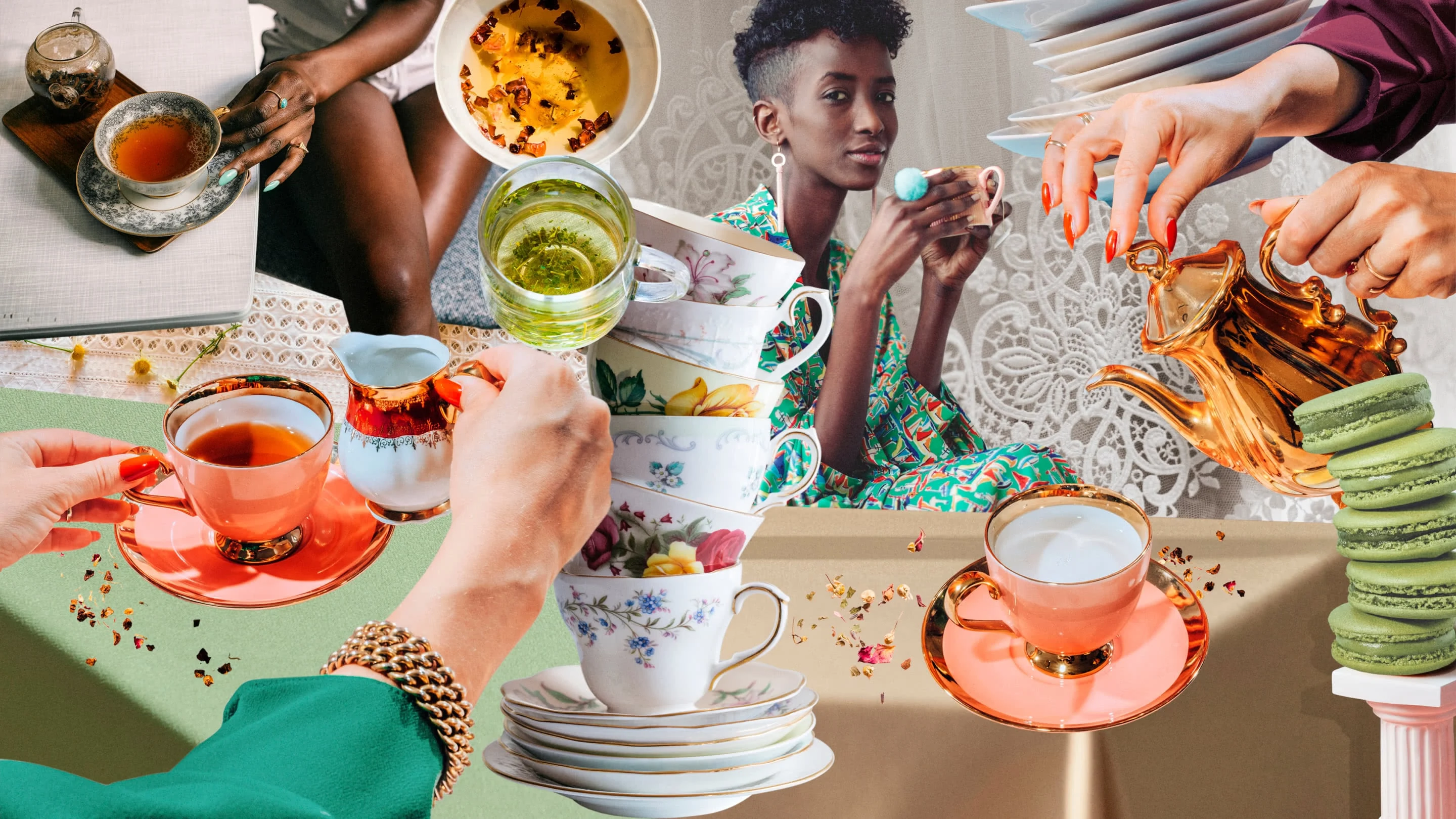 Colourful collage with stacked antique tea cups, plates and green macarons, with various hands, positioned with milk jugs and teapots above cups of amber tea, and a Black woman in green in the centre, looking at the camera and holding a gold cup.