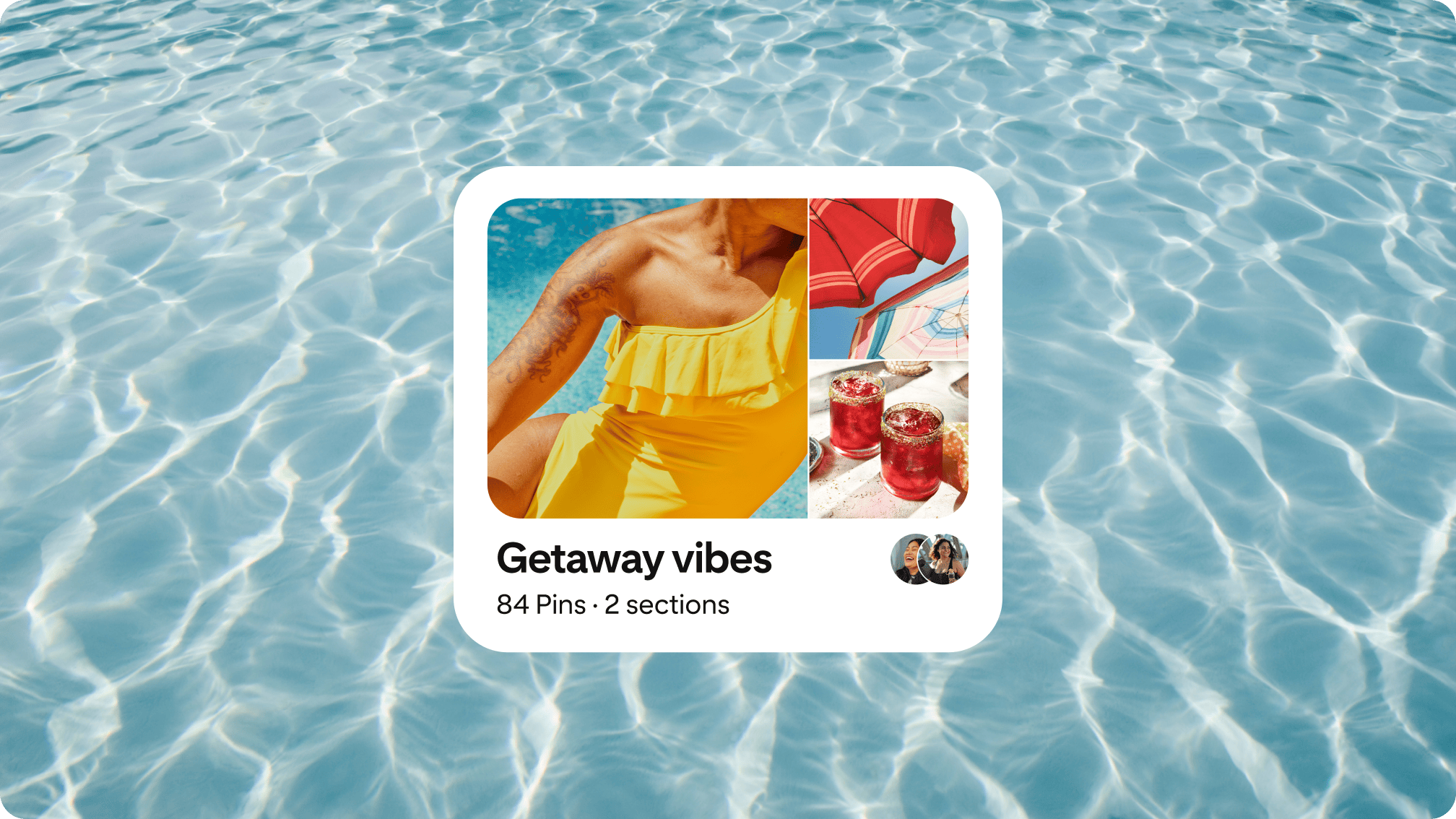 A Pinterest board cover featuring three images on a blue ocean background: a woman in a yellow bathing suit, a red bean umbrella, and a red cocktail.