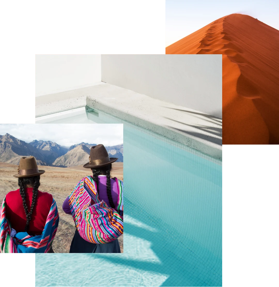 Image cluster featuring two women with long braids and colourful shawls facing a mountain range, a still, blue swimming pool with abstract shadow patterns and a rust-coloured sand dune ridge 