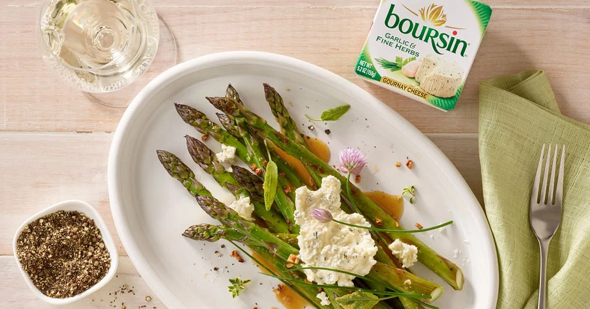 Boursin cheese with asparagus and Boursin logo