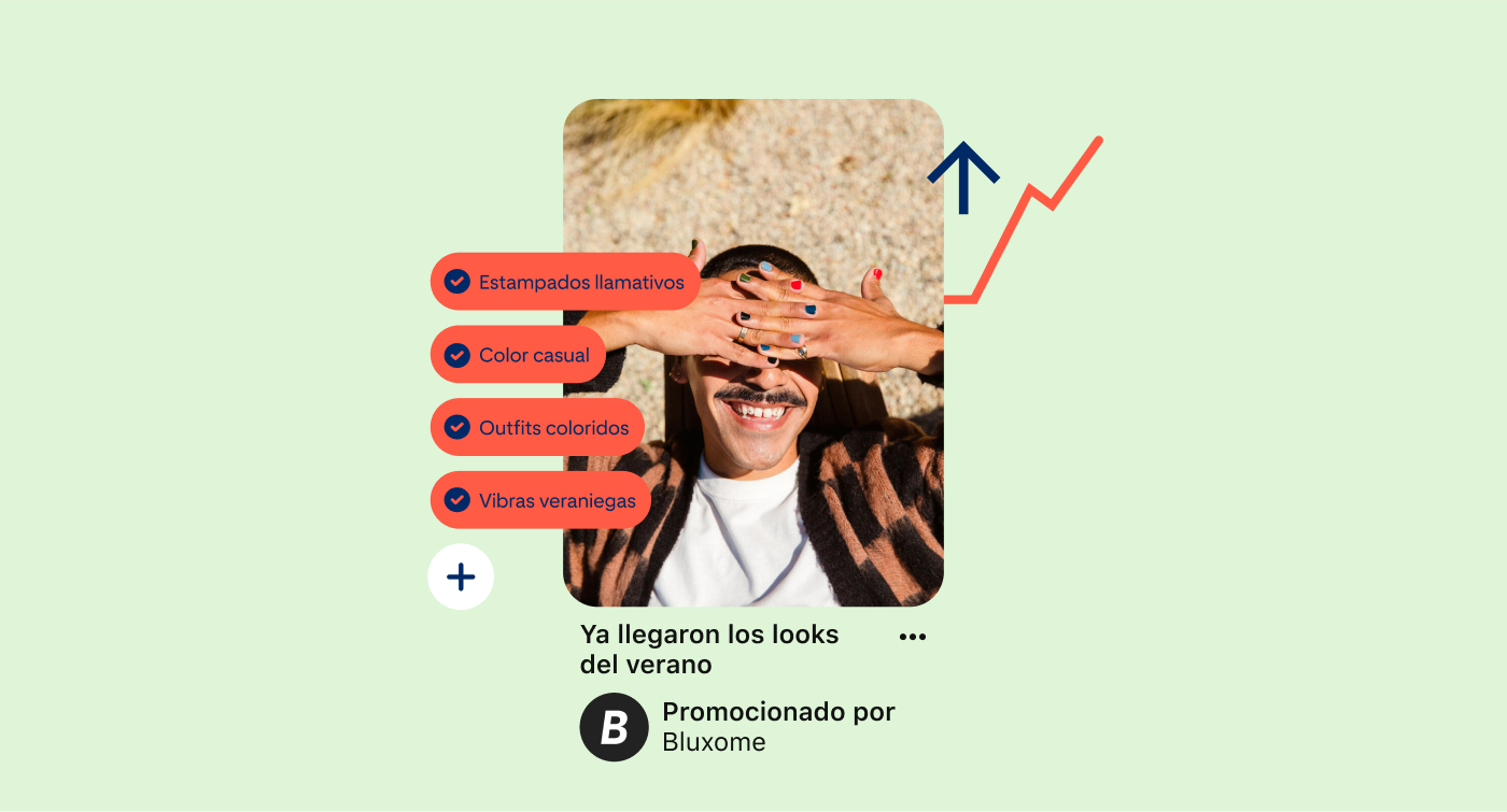 Pin que muestra a una persona blanca con las uñas pintadas con colores brillantes, que se cubre los ojos del sol. Hay varias etiquetas de productos alineadas a la izquierda.