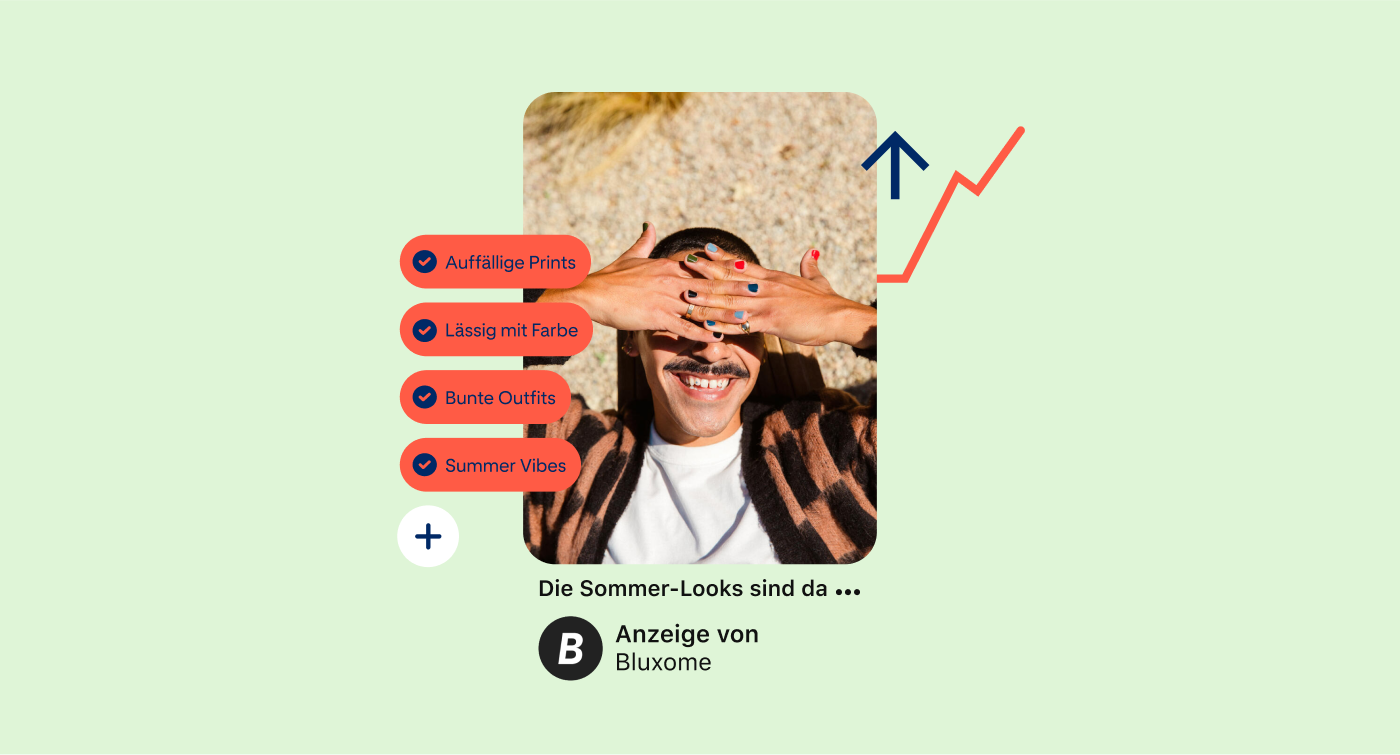 Pin mit lächelnder weißer Person mit bunten Fingernägeln, die sich die Hände vor die Augen hält; links verschiedene Produkt-Tags.