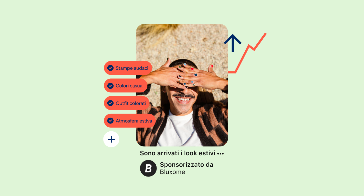 Pin che mostra una persona bianca con le unghie delle mani dipinte con colori vivaci, intenta a proteggersi gli occhi dal sole, e diversi tag prodotto allineati sulla sinistra.