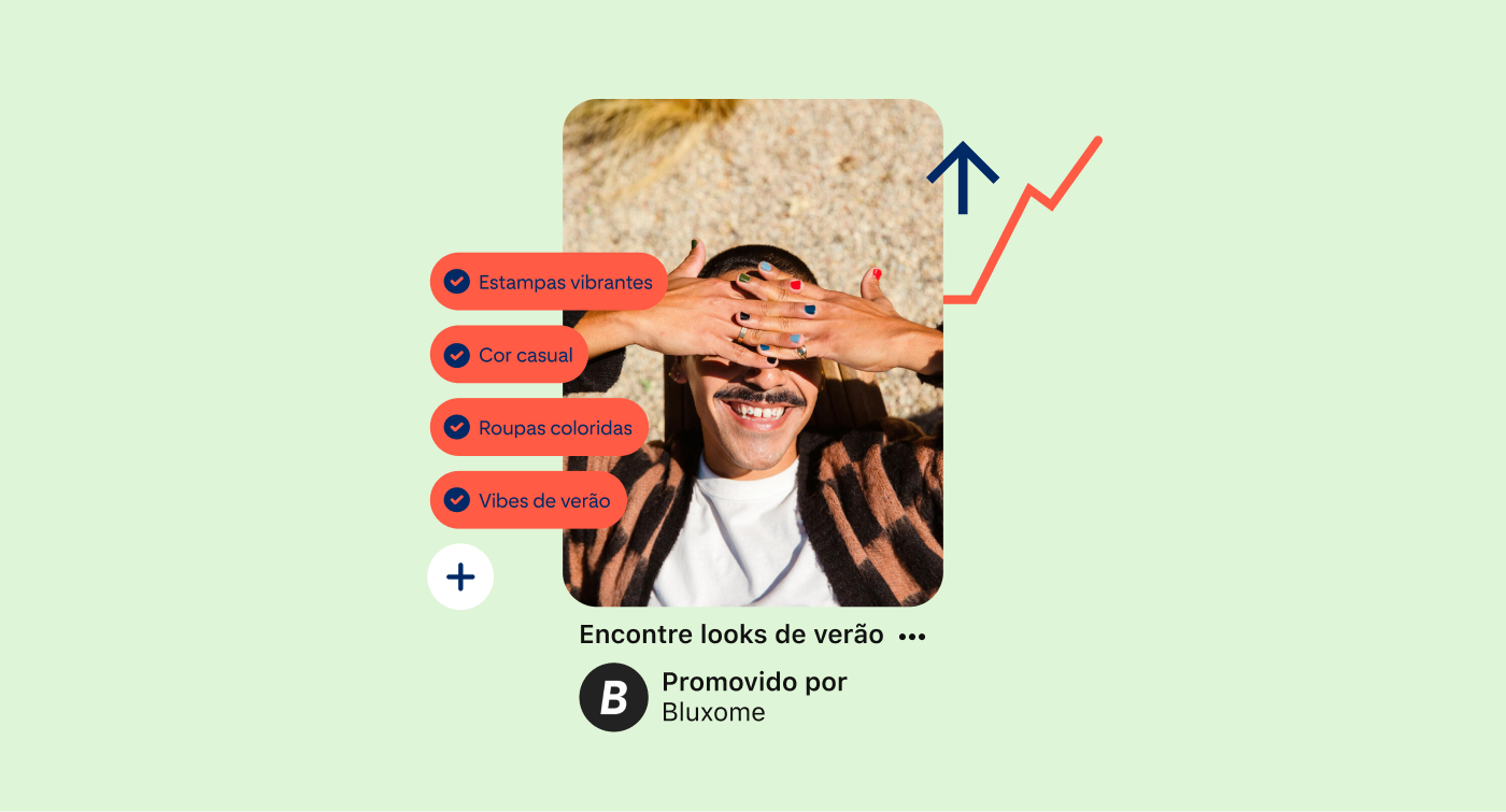 Pin mostrando uma pessoa branca com as unhas coloridas usando as mãos para proteger os olhos contra o sol, com várias tags de produto à esquerda.