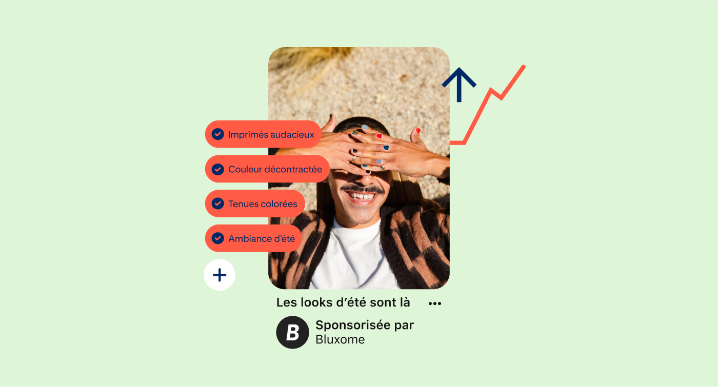 Épingle montrant une personne blanche qui sourit et se sert de ses mains pour se protéger les yeux du soleil, plusieurs étiquetage des produits sont alignés sur la gauche.