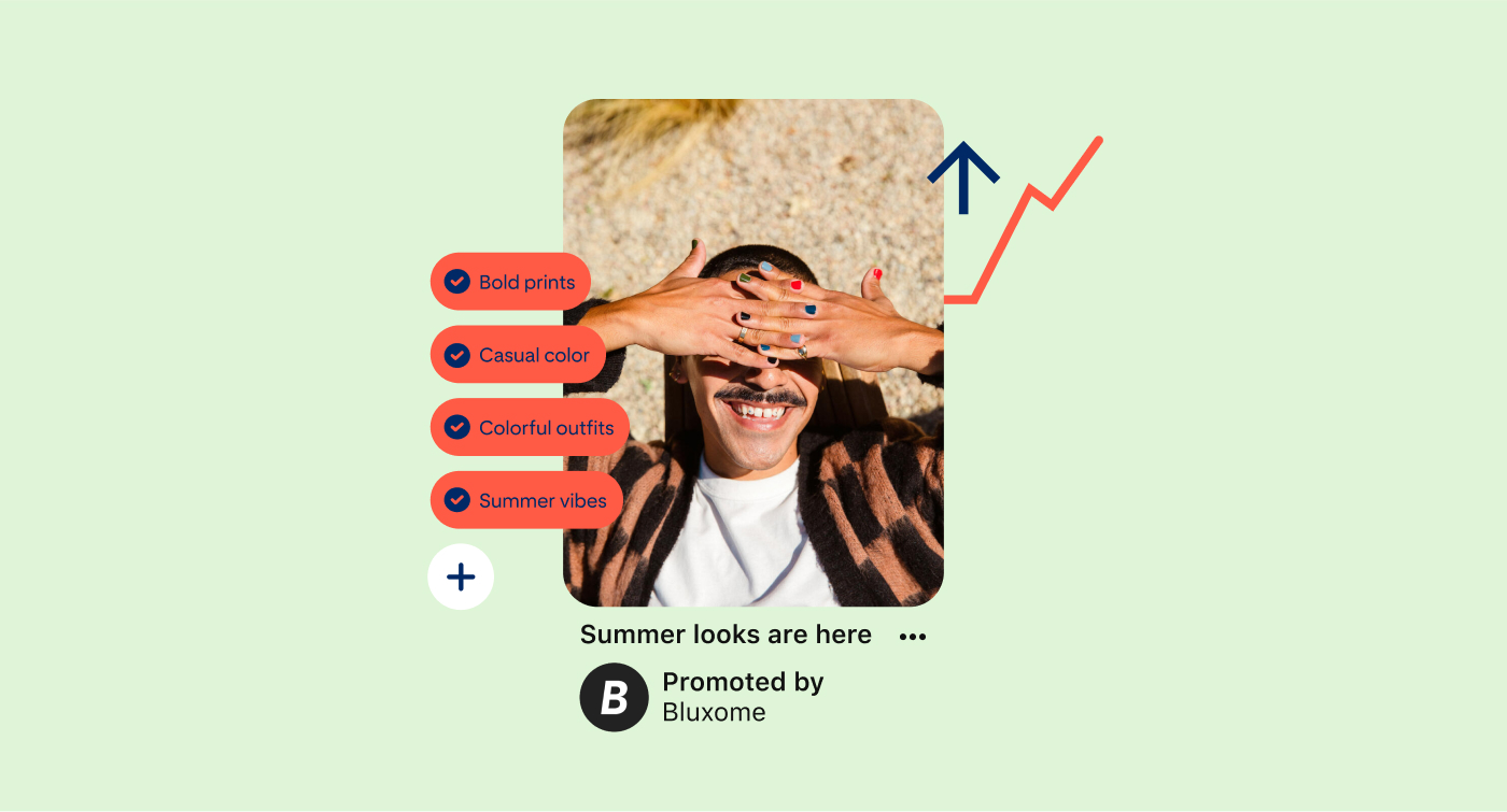 Pin featuring a White person with brightly-painted nails covering his eyes from the sun, various product tags align to the left.