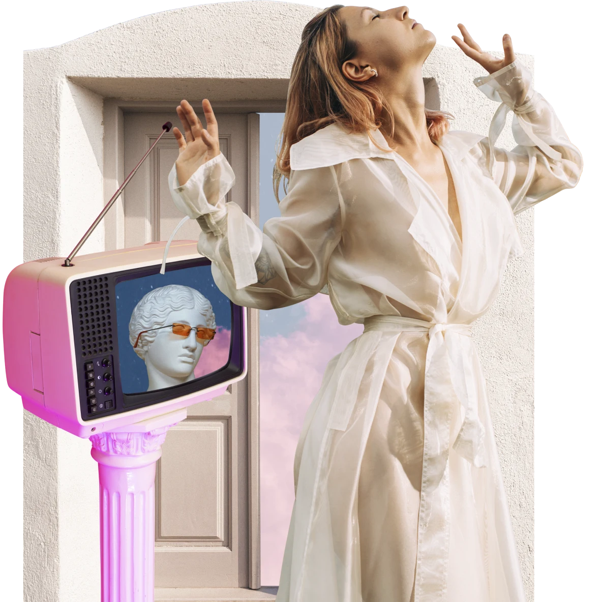 Woman in clear white raincoat throws her head and hands back. Small pink TV on a pink pedestal at left, white marble bust in the screen. Doorway arch in background.