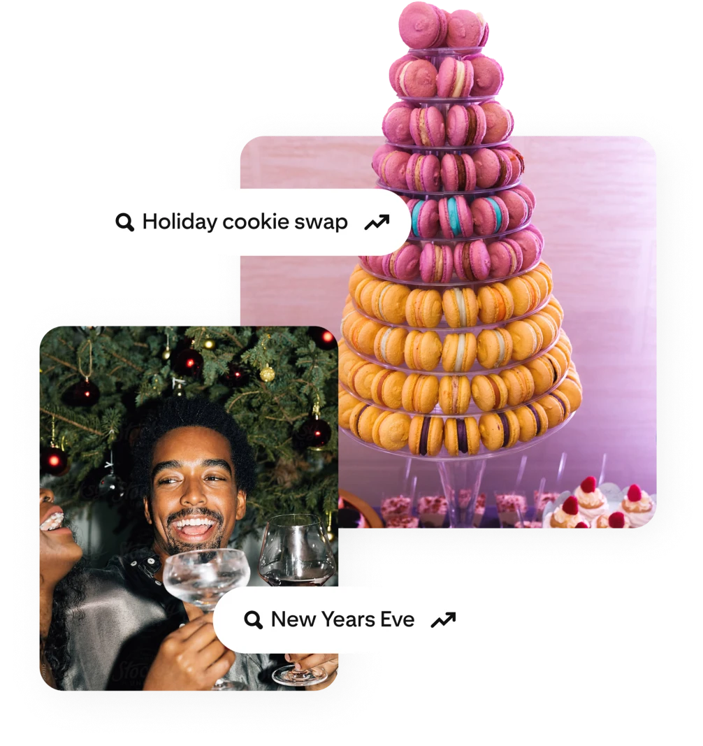 A Pin of a man celebrating in front of a Christmas tree and a Pin of a tower of macarons, along with trending searches for “Holiday cookie swap” and “New Years Eve”. 