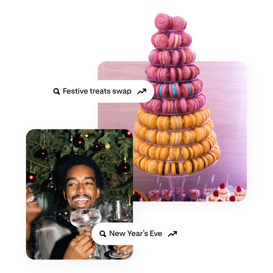 A Pin of a man celebrating in front of a Christmas tree and a Pin of a tower of macarons, along with trending searches for “Christmas cookie swap” and “New Year's Eve”. 