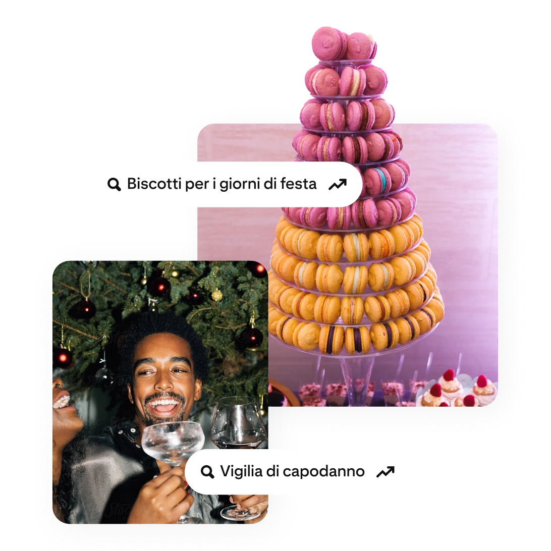 Un Pin di un uomo che festeggia di fronte a un albero di Natale e un Pin con una torre di macarons accanto alle ricerche di tendenza "Biscotti per i giorni di festa" e "Vigilia di capodanno". 