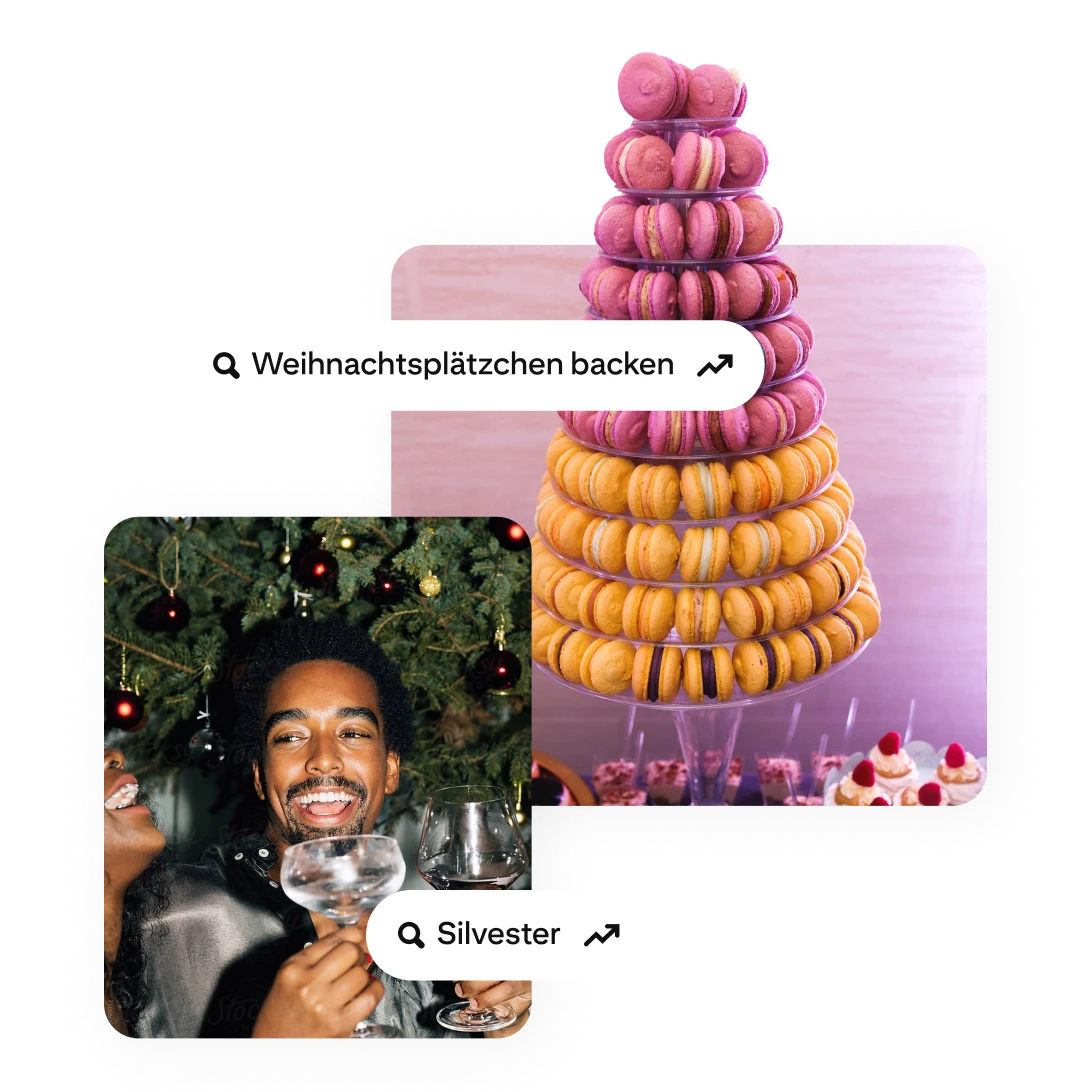 Ein Pin eines feiernden Mannes vor einem Weihnachtsbaum und ein Pin eines Turms aus Macarons, untermalt mit den beliebten Suchbegriffen „Weihnachtsplätzchen backen“ und „Silvester“. 