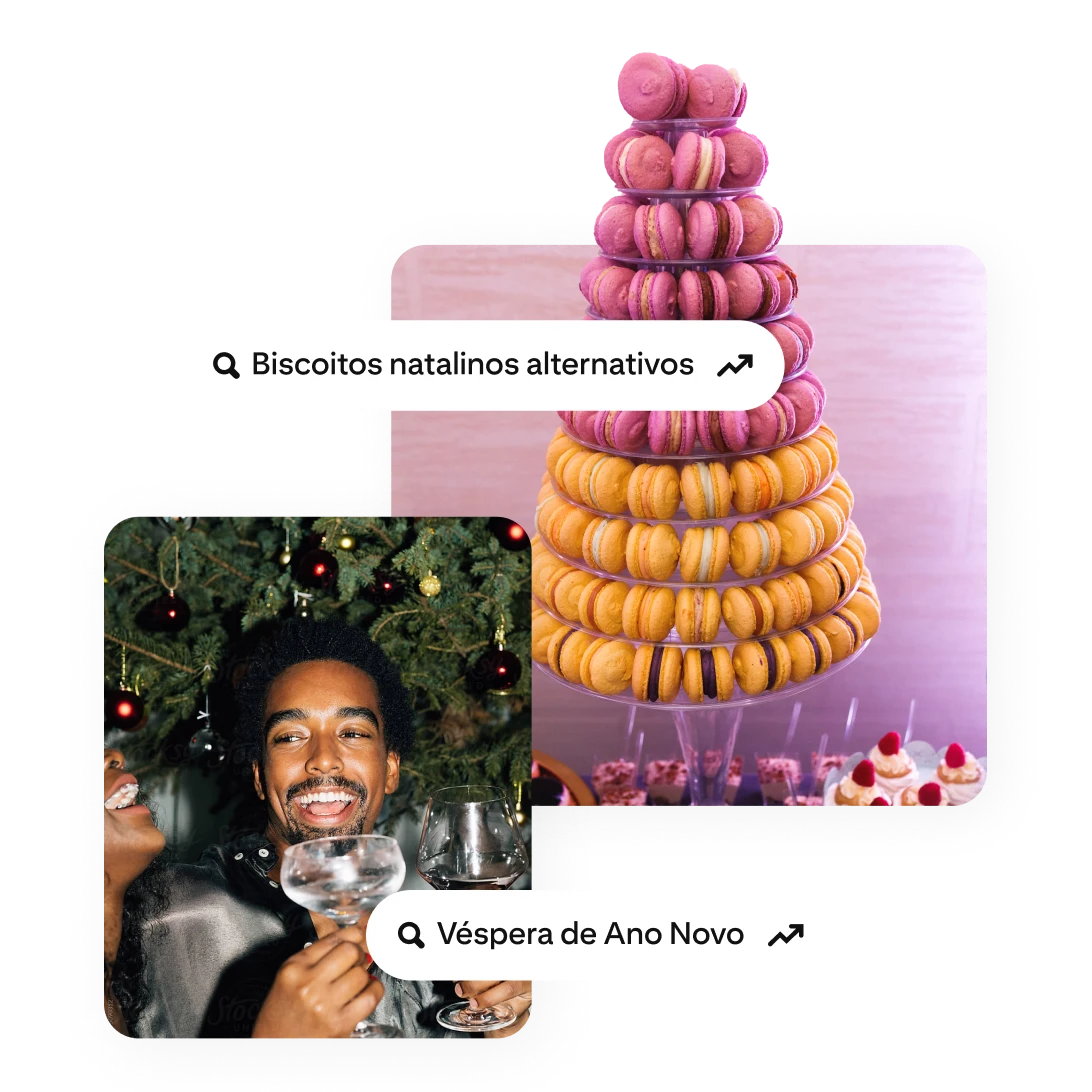 Um Pin de um homem comemorando em frente a uma árvore de Natal. Ao lado, há um Pin de uma torre de macarons, com buscas que são tendência: "Biscoitos natalinos alternativos" e "Véspera de Ano Novo". 