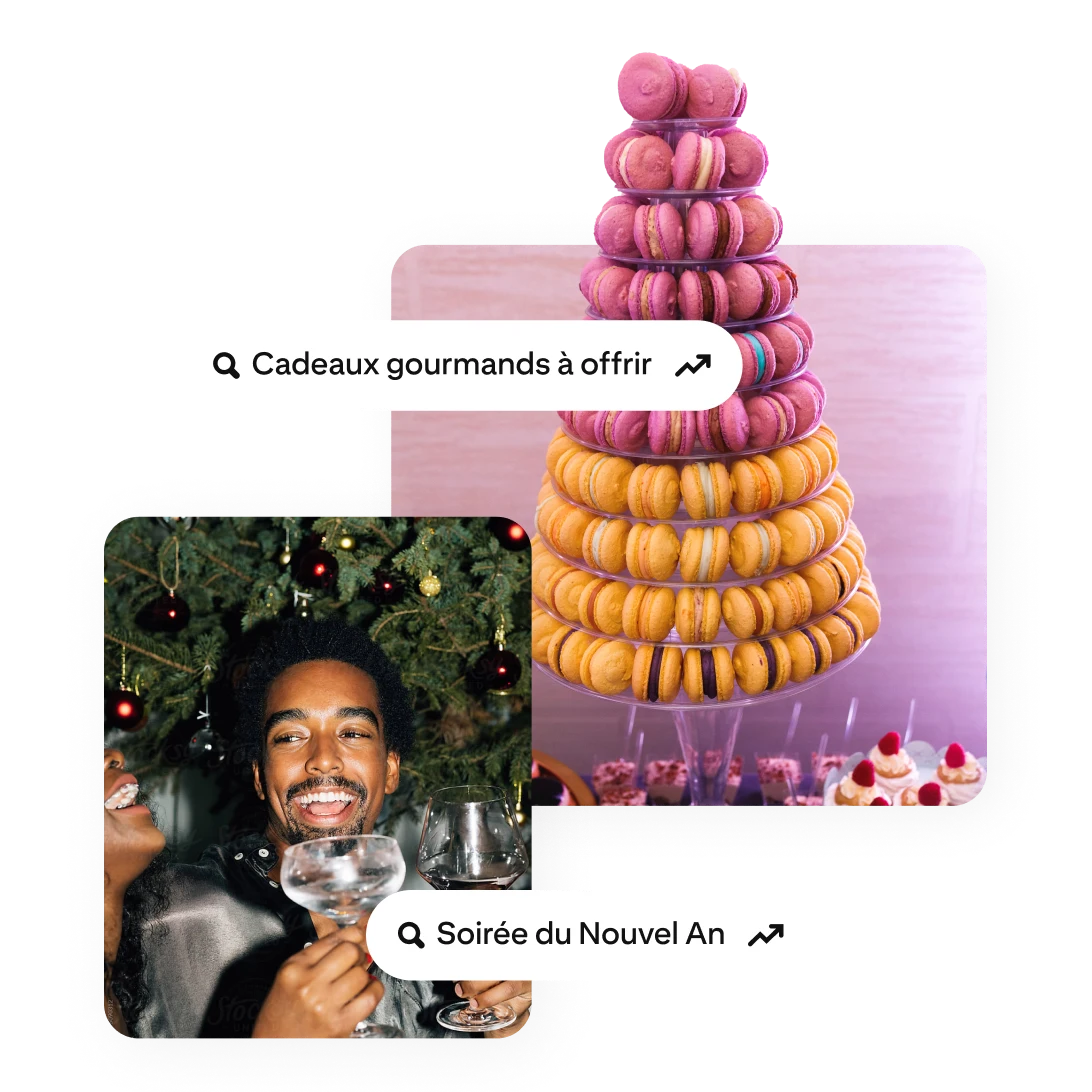 Une Épingle montrant un homme célébrant les fêtes devant un sapin de Noël et une Épingle montrant une pyramide de macarons ainsi que des recherches populaires, telles que « Cadeaux gourmands à offrir » et « Soirée du Nouvel An ». 