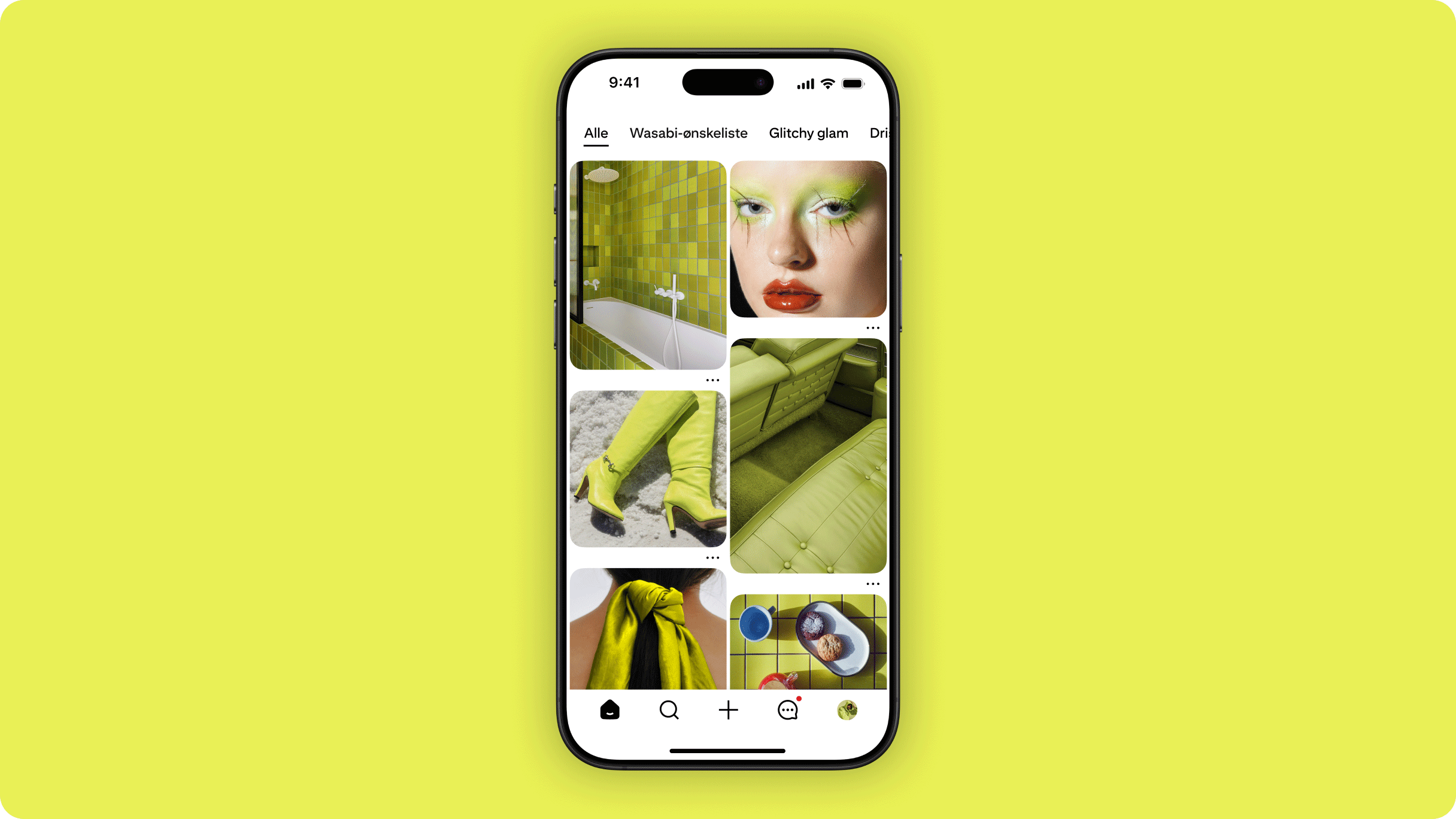 En smarttelefon som viser ulike bilder på skjermen, er plassert midt på en bakgrunn av fargeskiftende, geometriske puteaktige paneler. Skjermen viser en lyspære, en sykkel, en veske, et par sko og en kvinne som har på seg en kåpe.