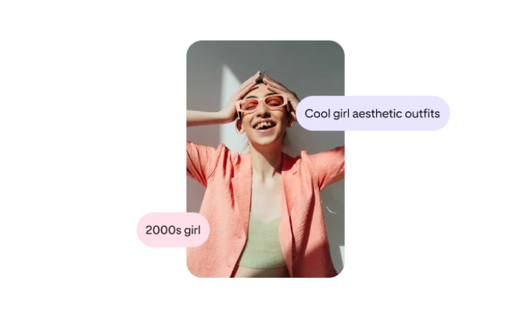 Pin of a White woman in brightly colored glasses and a coral blazer, titled â€œ2000s girlâ€� and â€œCool girl aesthetic outfitsâ€�.