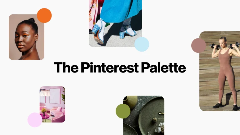 タイトル「Pinterest パレット」の周りにバラエティーに富んだピンが複数並んでおり、それぞれがカスタムカラーを表している。 