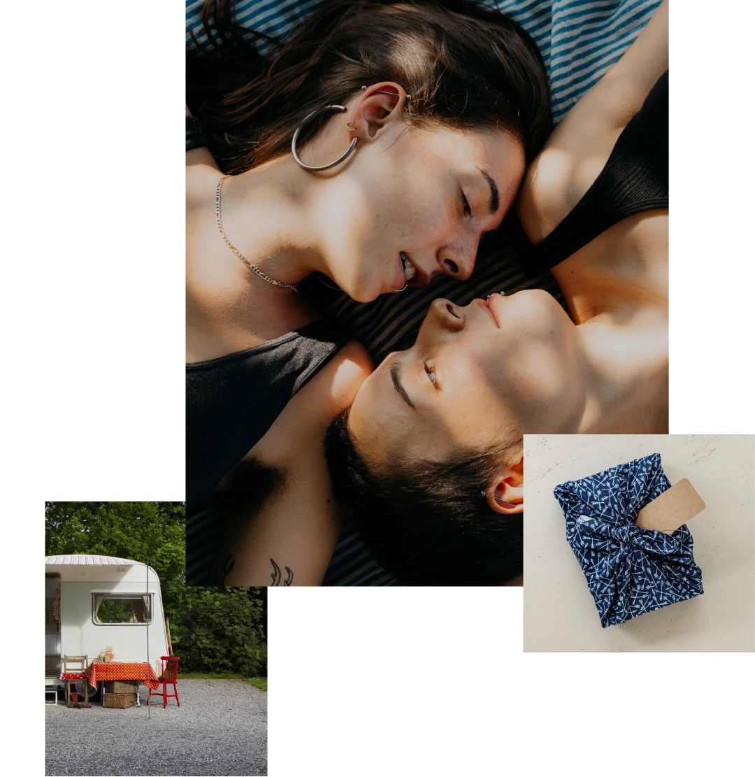 Image cluster featuring: white camper van next to red table and chairs in front of natural greenery, two women with brown hair lying next to eachother on a blanket in an intimate embrace and a gift wrapped in patterned fabric with a brown gift tag. 