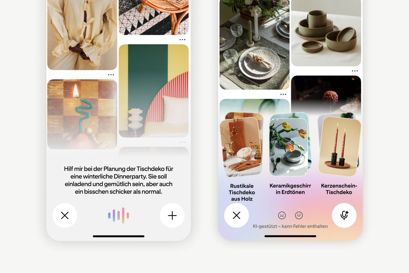Eingabe im Pinterest Assistant, in der jemand um Hilfe bei der Planung der Tischdekoration für eine winterliche Dinnerparty bittet. Daneben wird ein Bildschirm mit passenden Ergebnissen für Tischdeko und Geschirr angezeigt.