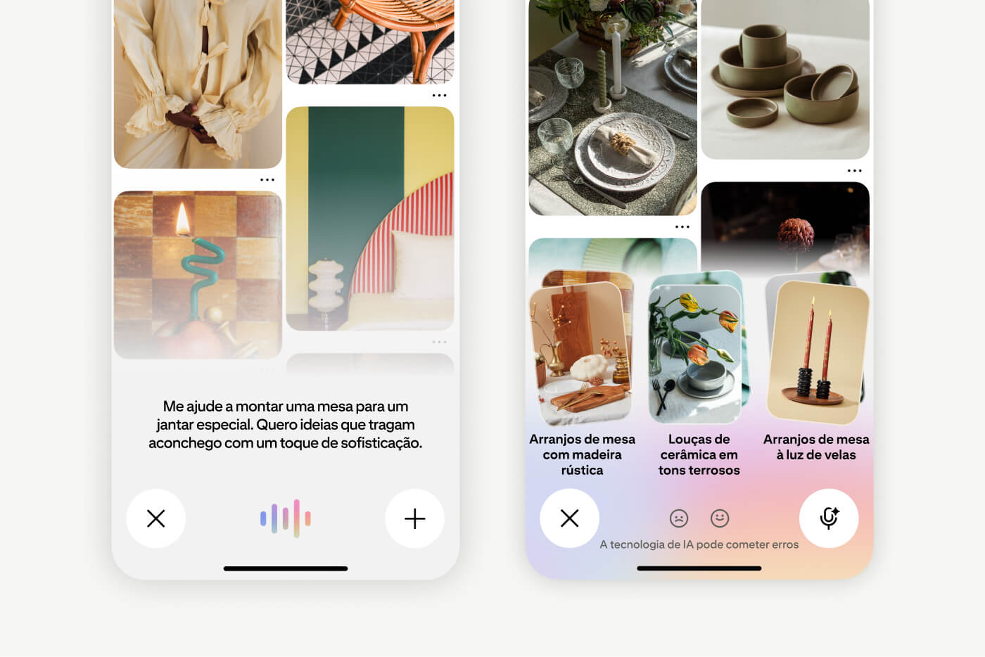 Tela mostra um prompt do Assistente do Pinterest pedindo ajuda para planejar um Arranjos de mesa para o inverno. Ao lado, outra tela exibe resultados relacionados a decoração de mesas e aparelhos de jantar.