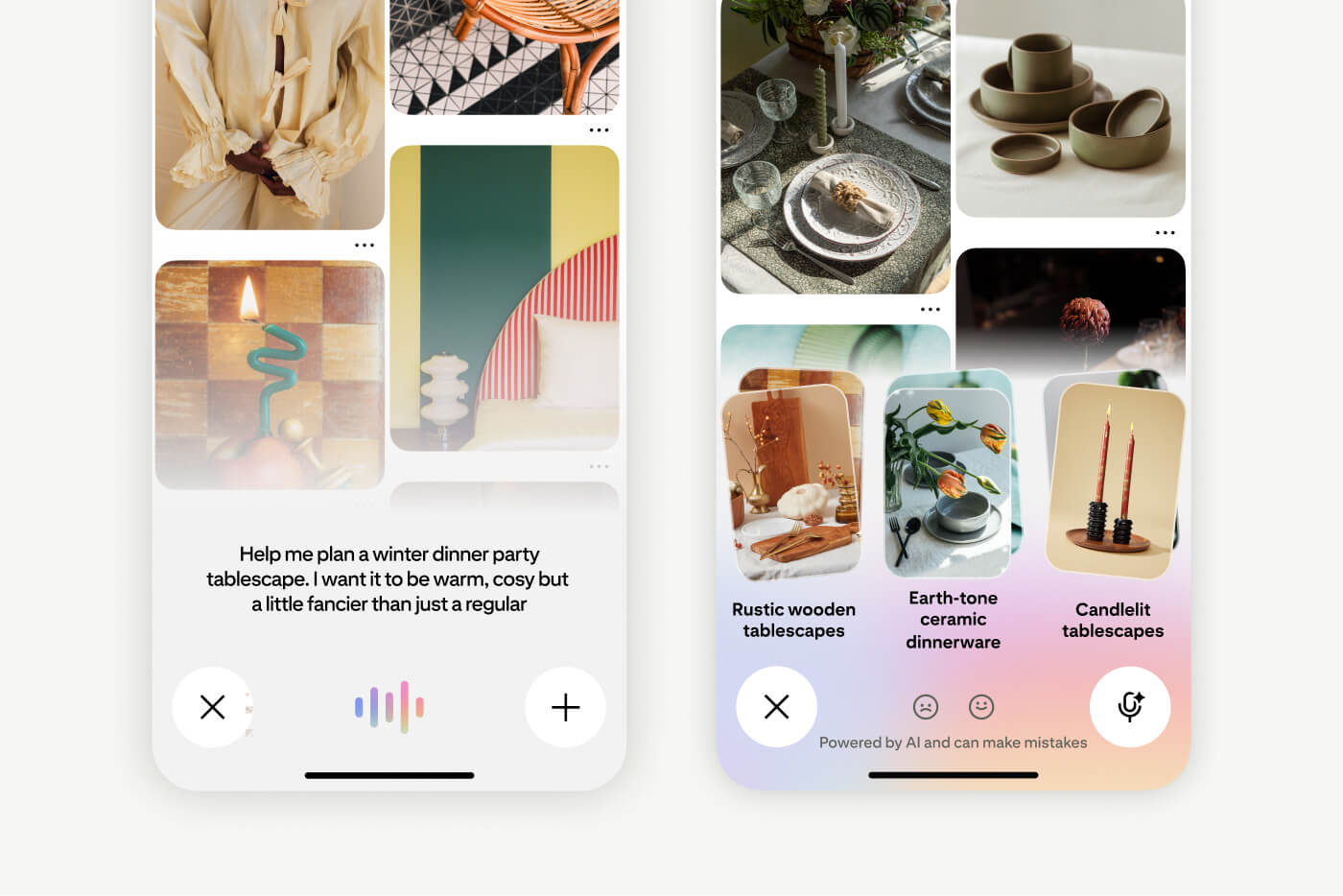A screen shows a Pinterest Assistant prompt asking for help with planning a dinner tablescape. Next to it, a screen shows related results for tablescapes and dinnerware.