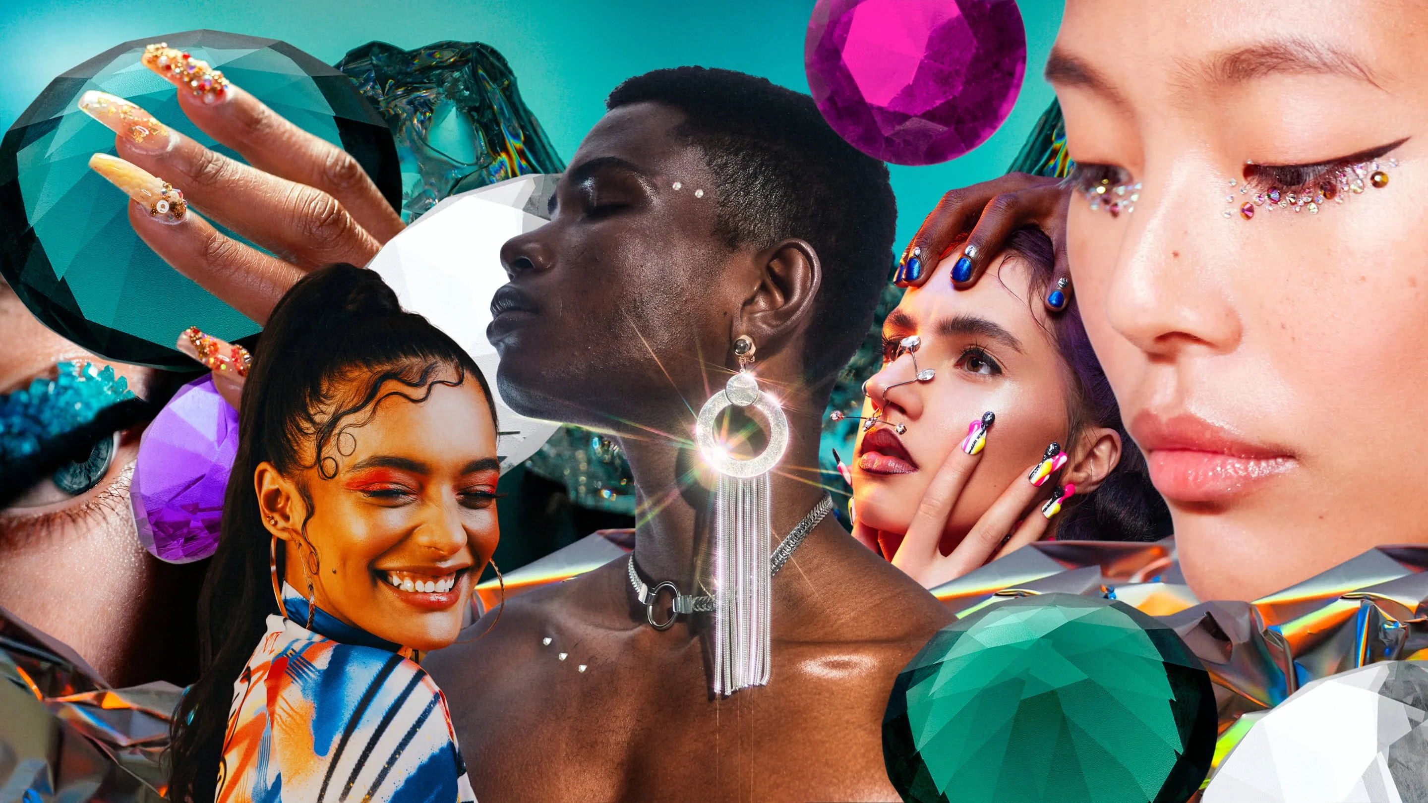 Collage showing different gemstones and people wearing gems. A Black woman on the left, with a high ponytail and combed edges, is smiling. A Black person in the centre is wearing a single, big shiny earring. An East Asian woman on the right has rhinestones under her eyes. A woman with sparkly blue eye make-up is on the bottom left. Gemstones are in the background, behind a hand with jewelled fingernails.
