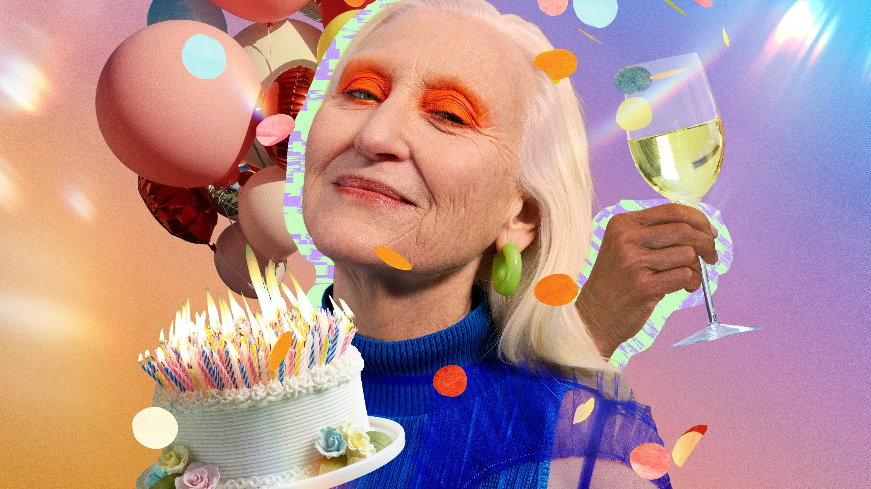 風船、ワイングラスを持った手、ろうそくが溢れるバースデーケーキに囲まれた、明るいアイメイクの年配の白人女性を取り上げたコラージュ。