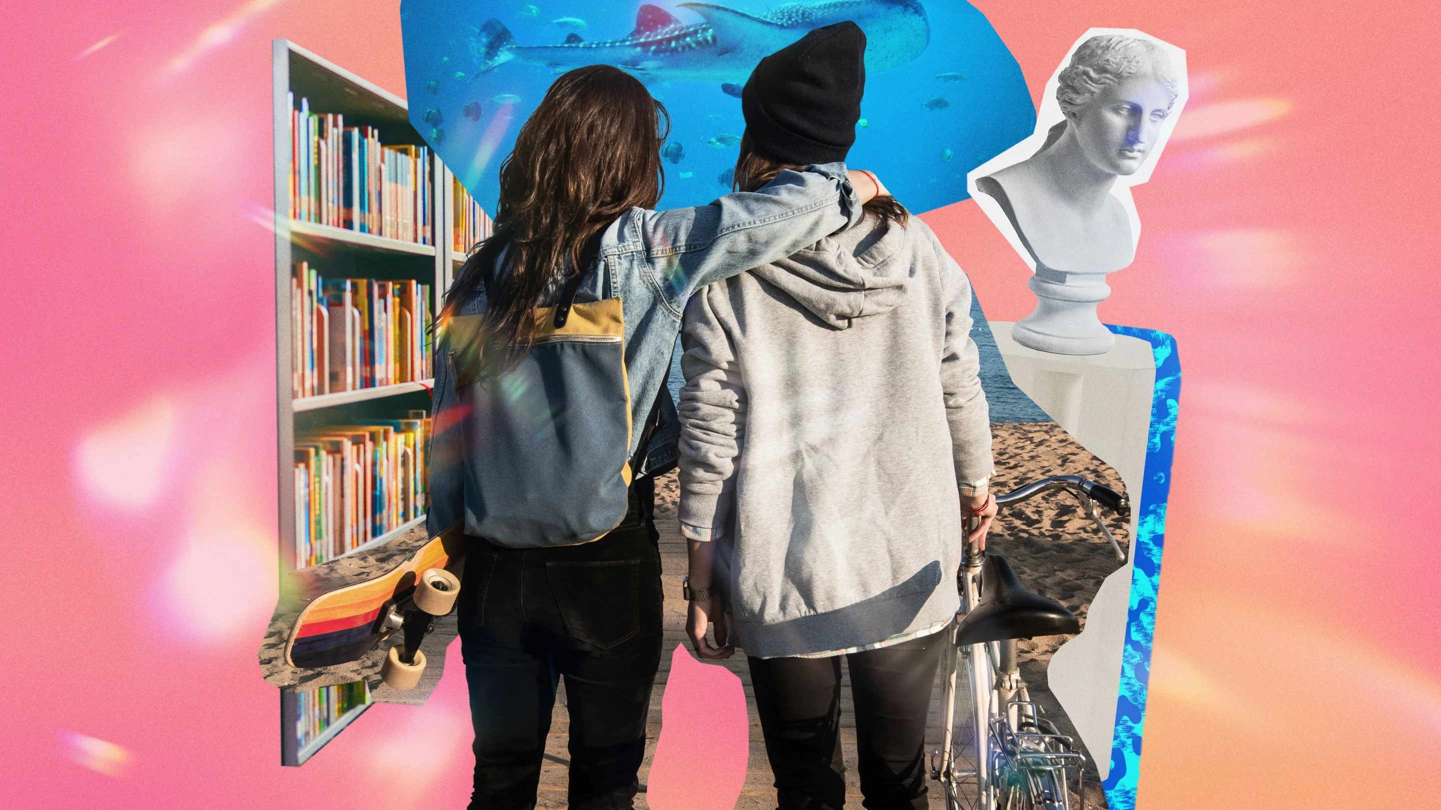 Two women have their arms around each other, with various items collaged around them including a deconstructed bookshelf, a shark in an aquarium and an art bust.