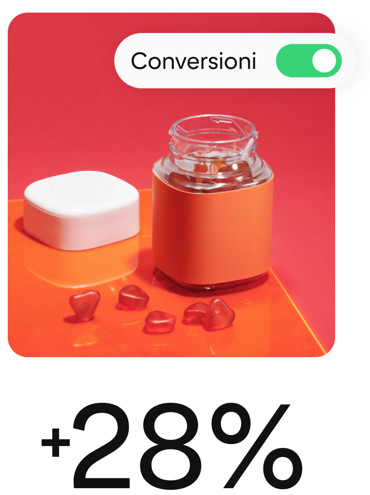 Pin che raffigura delle vitamine, con elementi che indicano che si tratta di una campagna per le conversioni.