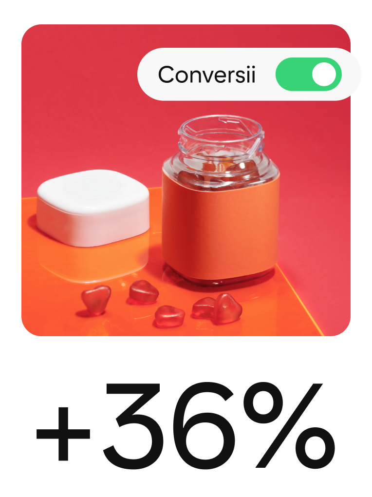 Un Pin care prezintă vitamine, cu elemente care sugerează o campanie pentru conversii.