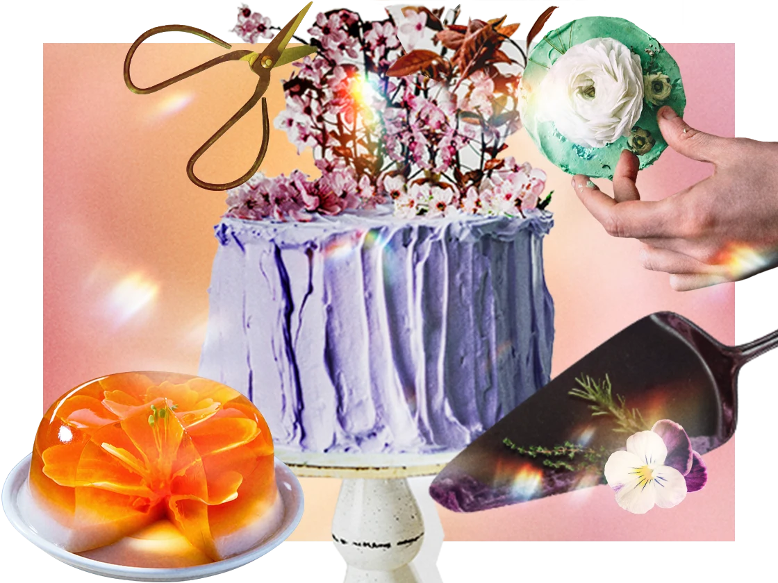 Colagem de uma mão branca decorando um cupcake junto com pedaços de bolo e vários utensílios de decoração. 
