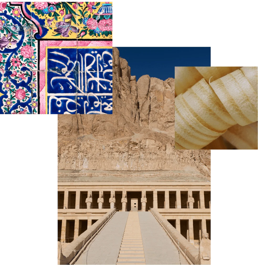 Image cluster featuring: close up of colorful blue, pink and yellow tile with a floral design, ancient architectural site in front of tall beige rocks, curly wood trimmings
