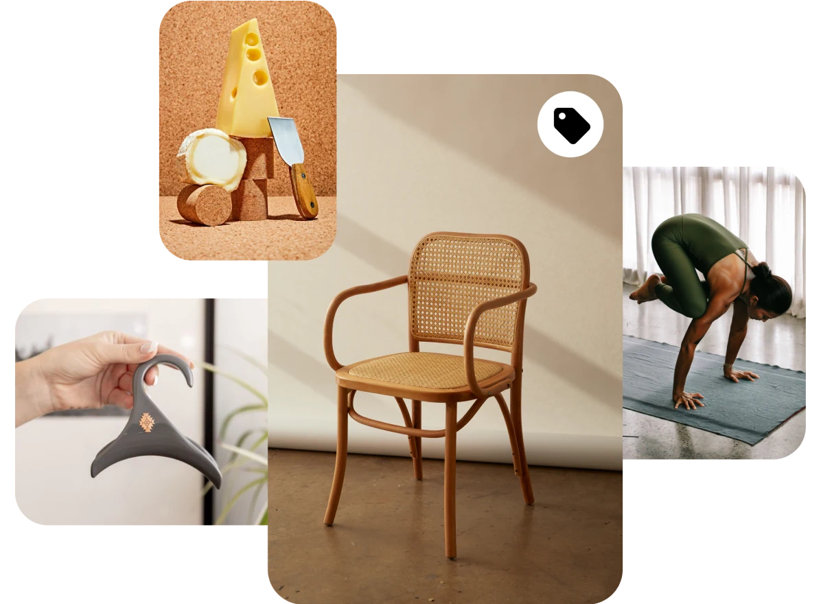 Collage of Pins: white hand hold a small gray coat hanger. Wedge of Swiss cheese on round pieces of cork, cheese cutter and circle of soft cheese against a cork board background. Wicker chair with arms on a brown floor, white wall in the background. Woman in a green workout outfit does a Bakasana yoga pose on a gray mat, white curtains in the background.