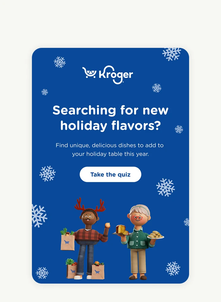 A Kroger ad shows figurines holding food items, along with a clickable button labeled “Take the quiz” 