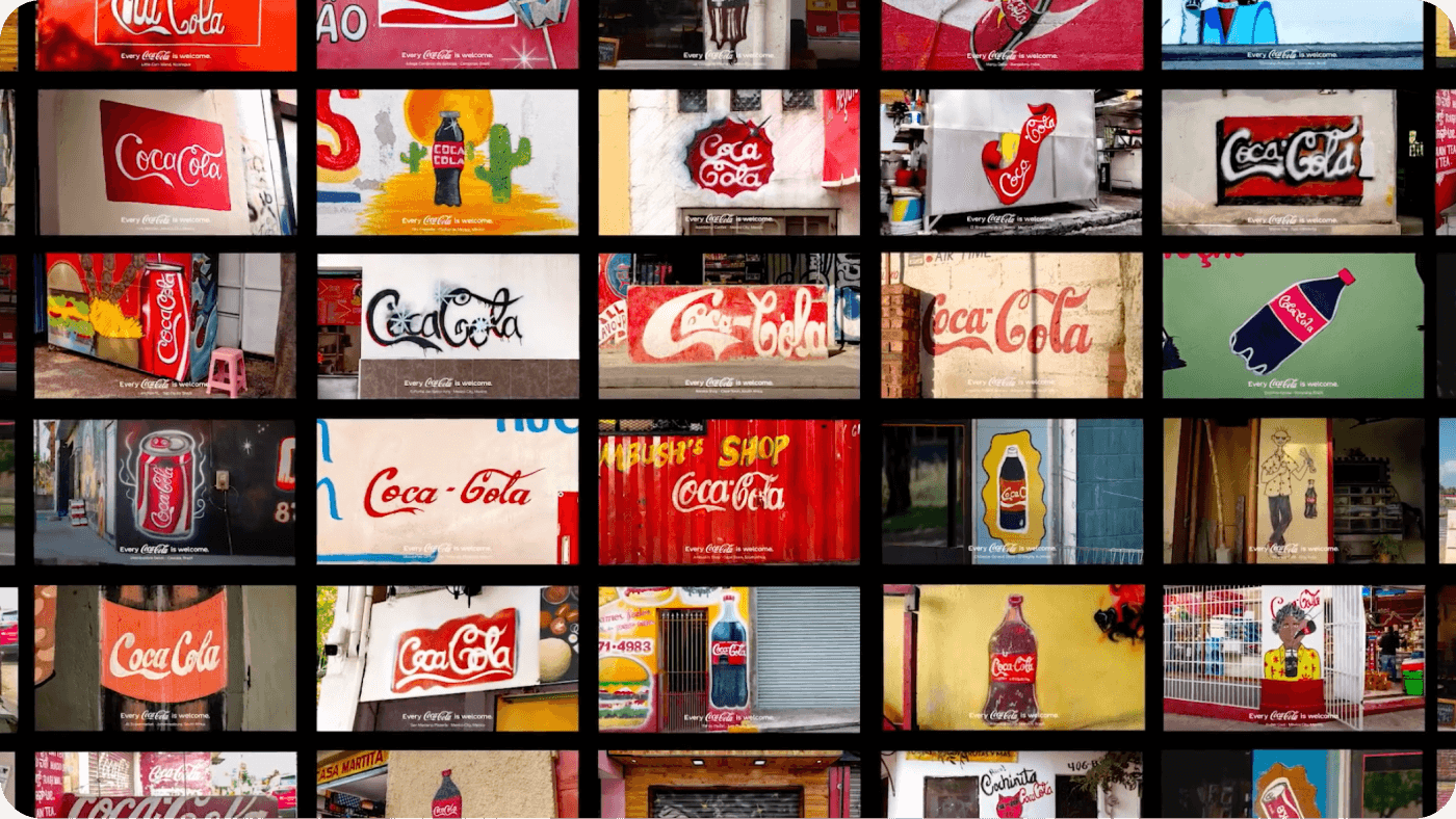 A grid of photos, all showing different hand-painted variations of the Coca-Cola logo painted on walls.