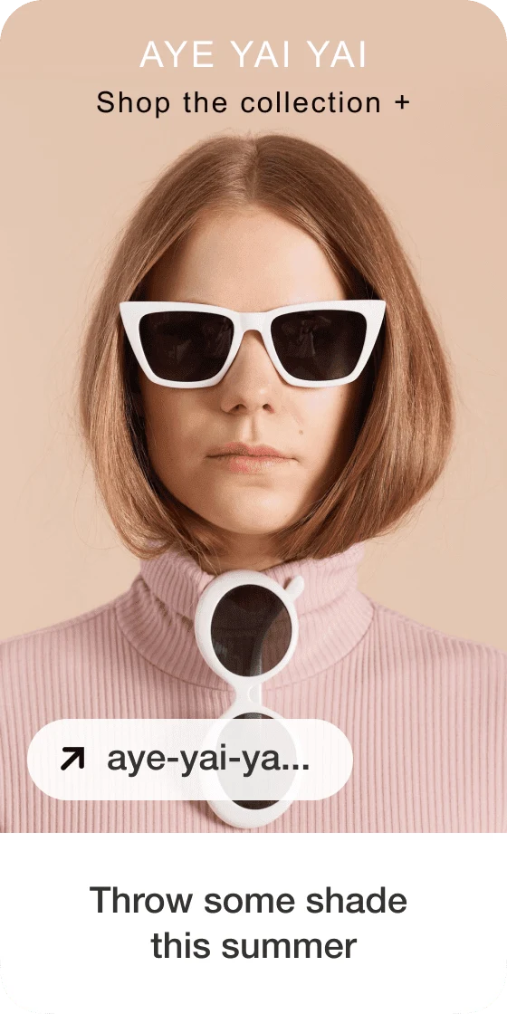 Imagine cu un Pin cu siglă și titlu, creat după o fotografie cu o femeie cu ochelari de soare cu rame albe