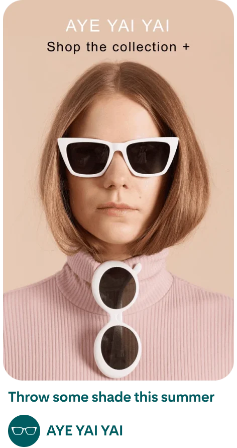 Imagem de um Pin a ser criado com a fotografia de uma mulher branca com óculos de sol brancos, logótipo e cabeçalho