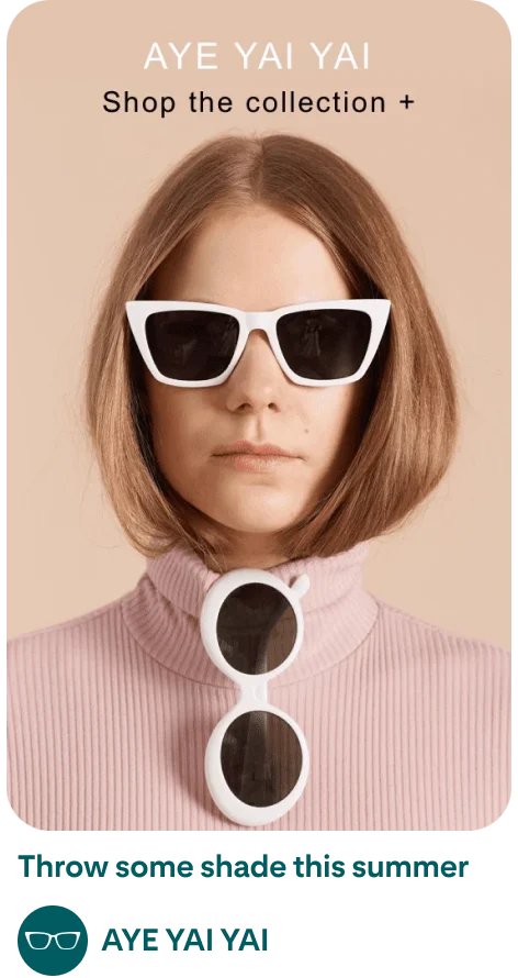 Image of a Pin being created with a photo of a White woman in white sunglasses, logo and headline