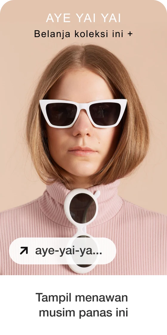 Gambar Pin yang dibuat dengan foto wanita berkulit putih dengan kacamata hitam putih, logo, dan judul