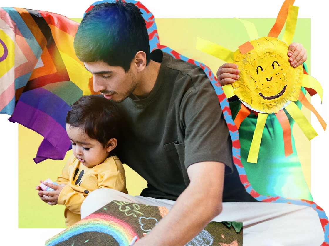Colagem brilhante sobre crianças, com a Bandeira Progressista do Orgulho LGBTQIA+ e, no centro, duas crianças latinas e um dos pais curtindo atividades de artesanato.