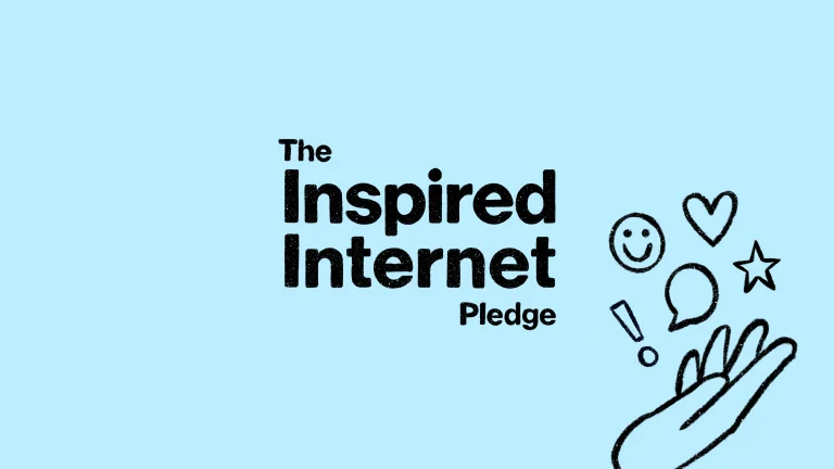 “The Inspired Internet Pledge” is written in bold fonts on a light blue background. On the bottom right corner are sketches of a hand, exclamation point, smiley face, speech bubble and star.